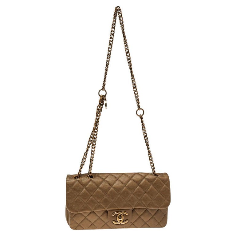 Chanel Metallic Gold Quilted Leather Zip Back Pocket Flap Bag at