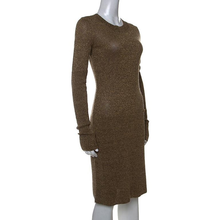 Chanel Metallic Gold Rib Knit Long Sleeve Sweater Dress S at 1stDibs | metallic  sweater dress, sweater metallic dress, black and gold sweater dress