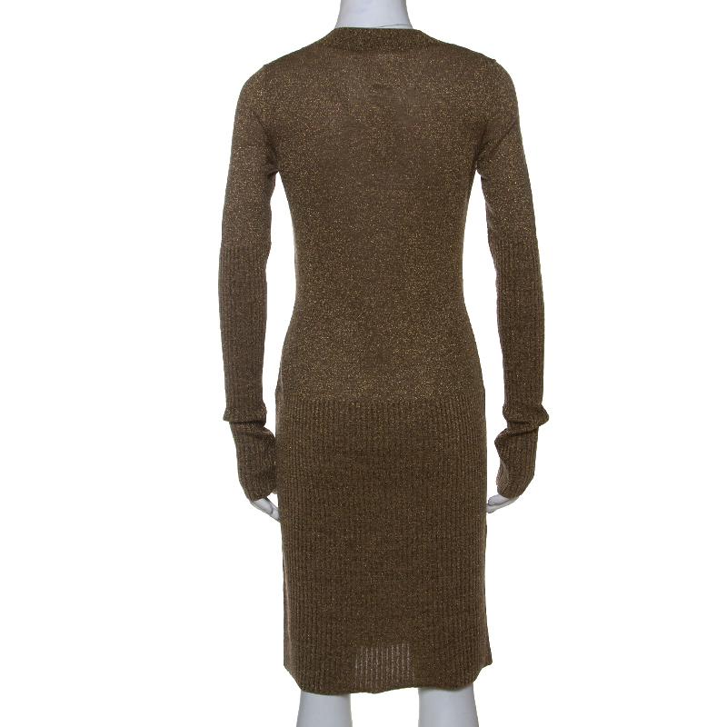 Chanel Metallic Gold Rippe stricken Langarm Pullover Kleid S (Schwarz)