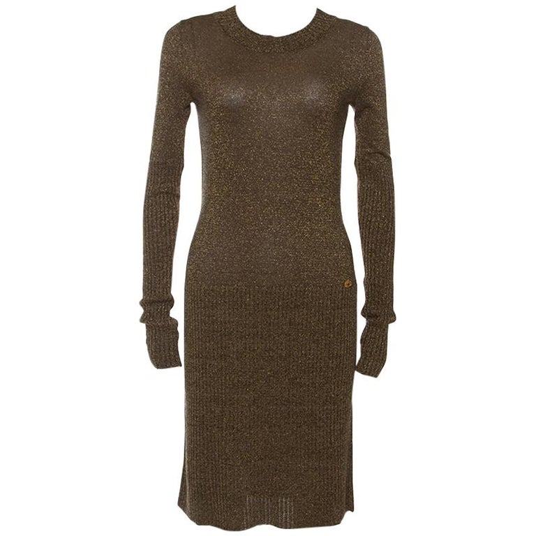 Chanel Metallic Gold Rib Knit Long Sleeve Sweater Dress S at