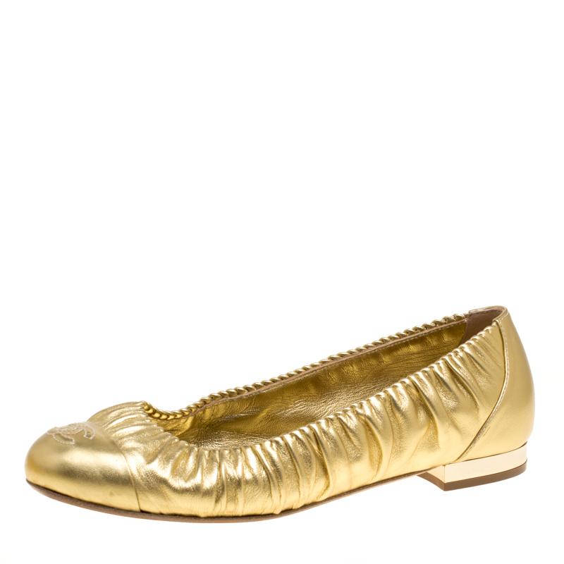 Chanel Metallic Gold Ruched Trim CC Ballet Flats Size 38