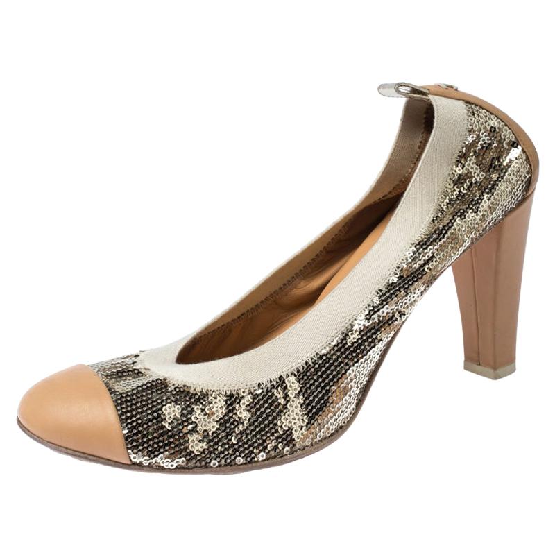 Chanel Metallic Gold Sequin And Beige Leather Embellished Cap Toe Pumps  Size 41 For Sale at 1stDibs