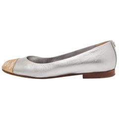 Chanel Metallic Gold/Silver Leather CC Cap Toe Ballet Flats Size 38