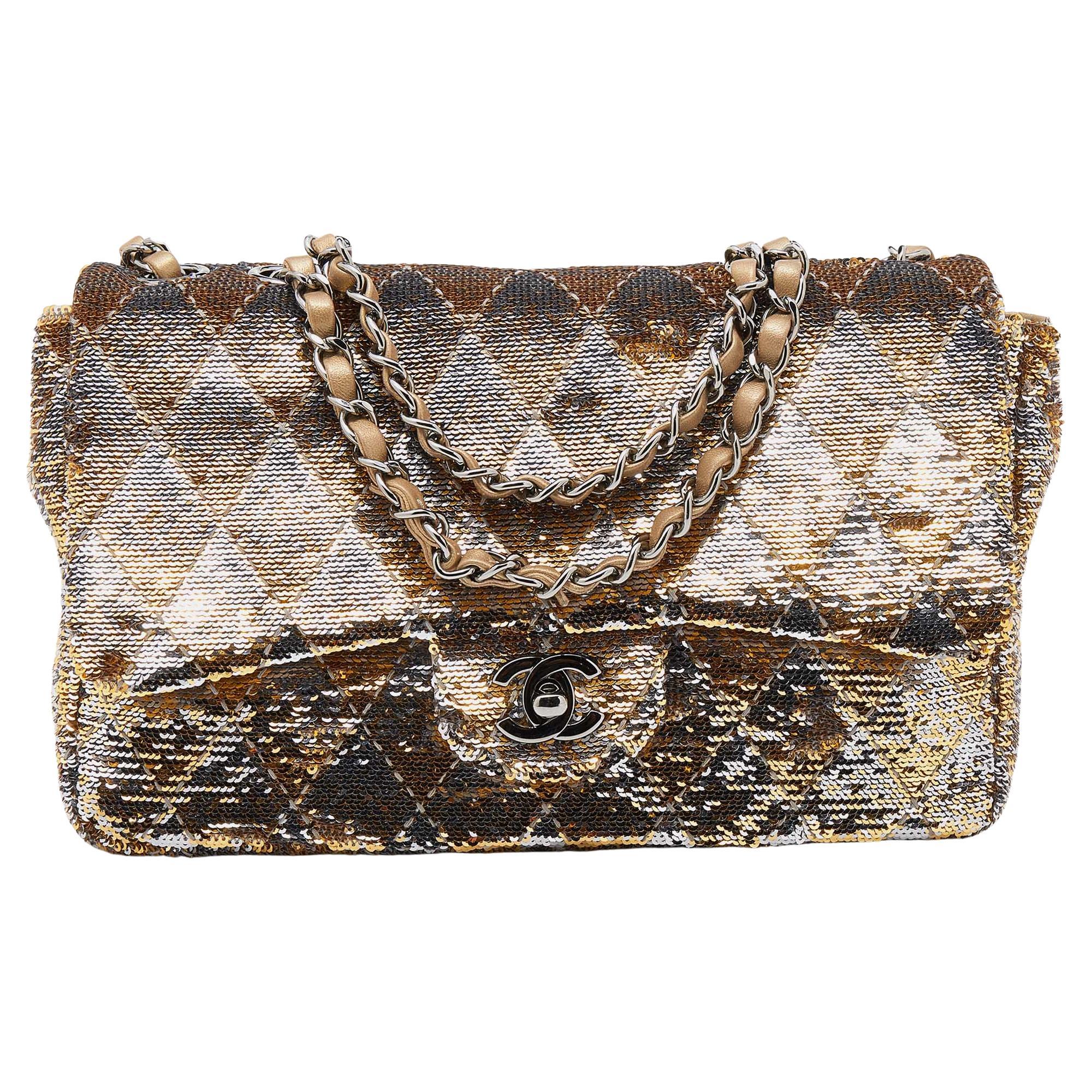 Chanel Vintage Classic Double Flap Bag Quilted Tweed with Sequins Medium at  1stDibs