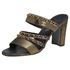 Chanel Metallic Gold Suede Chain Link Slide Sandals Size 37.5