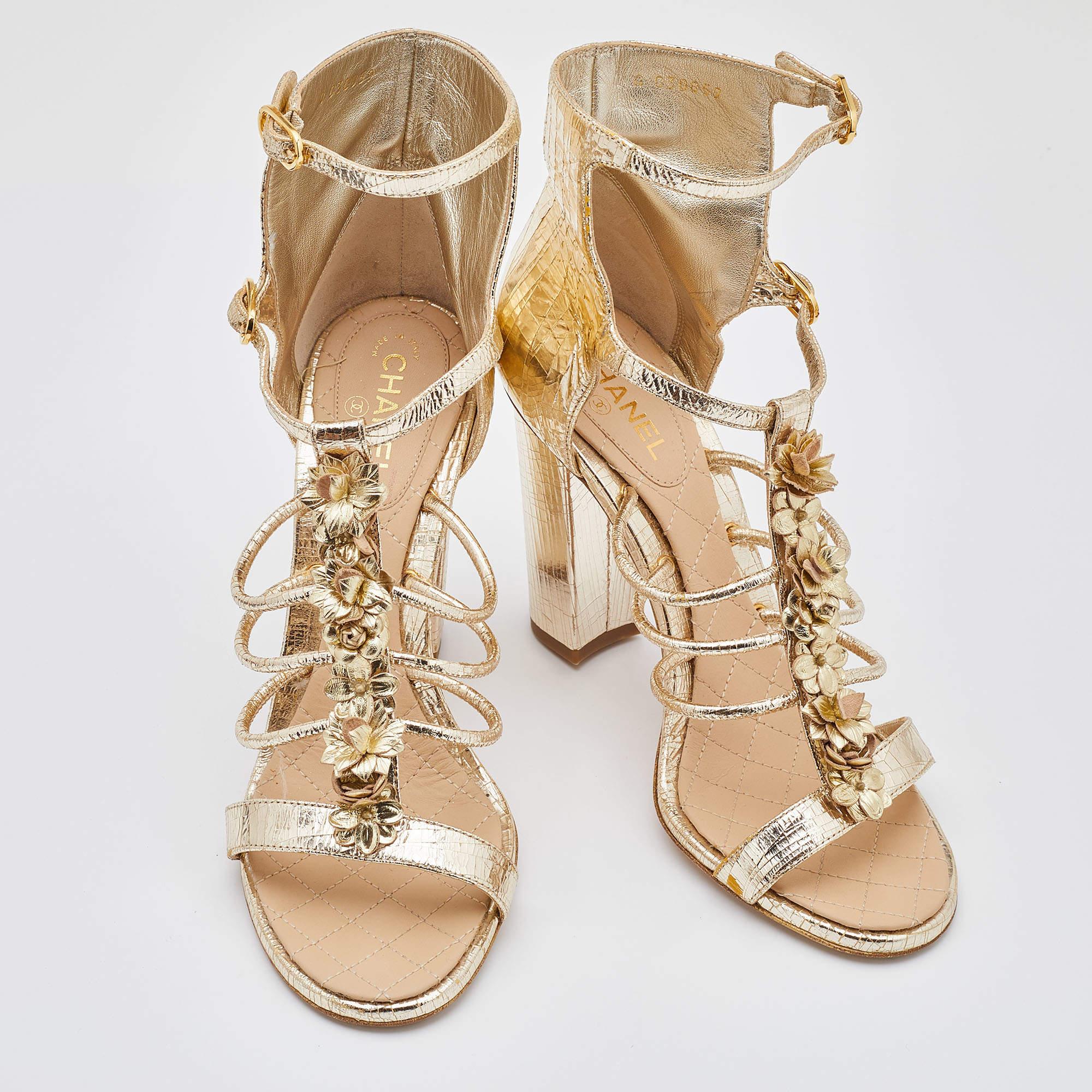 Chanel Metallic Gold Textured Leather Camellia Ankle Strap Sandals Size 39.5 1