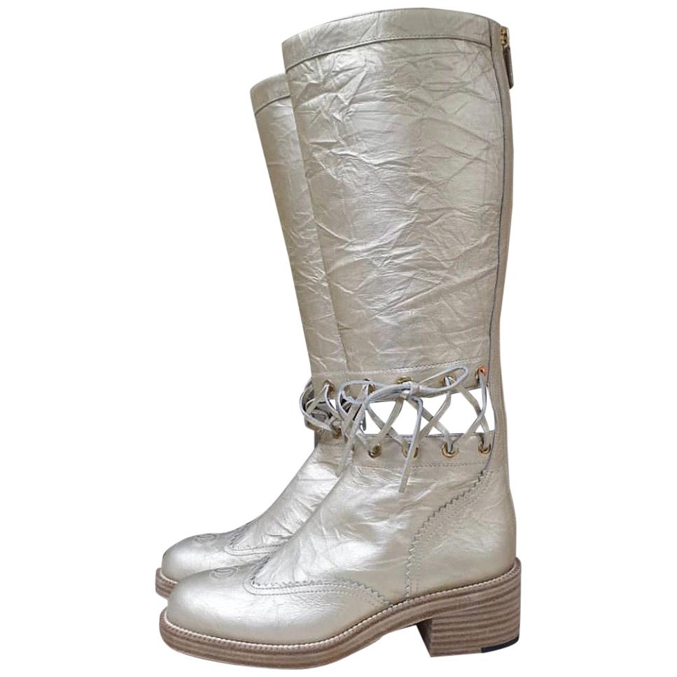 Chanel  Metallic Gold Textured Leather Laced Knee High Boots