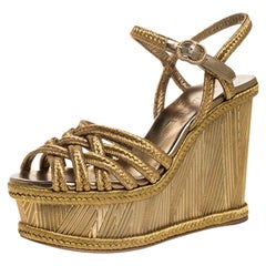 Chanel Metallic Gold Woven Thread Wedge Platform Sandals Size 37.5