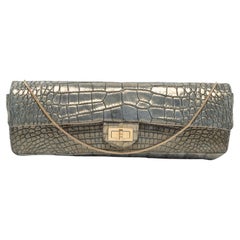 Chanel Metallic Green Croc Embossed Leather Reissue 2.55 East West Chain Clutch
