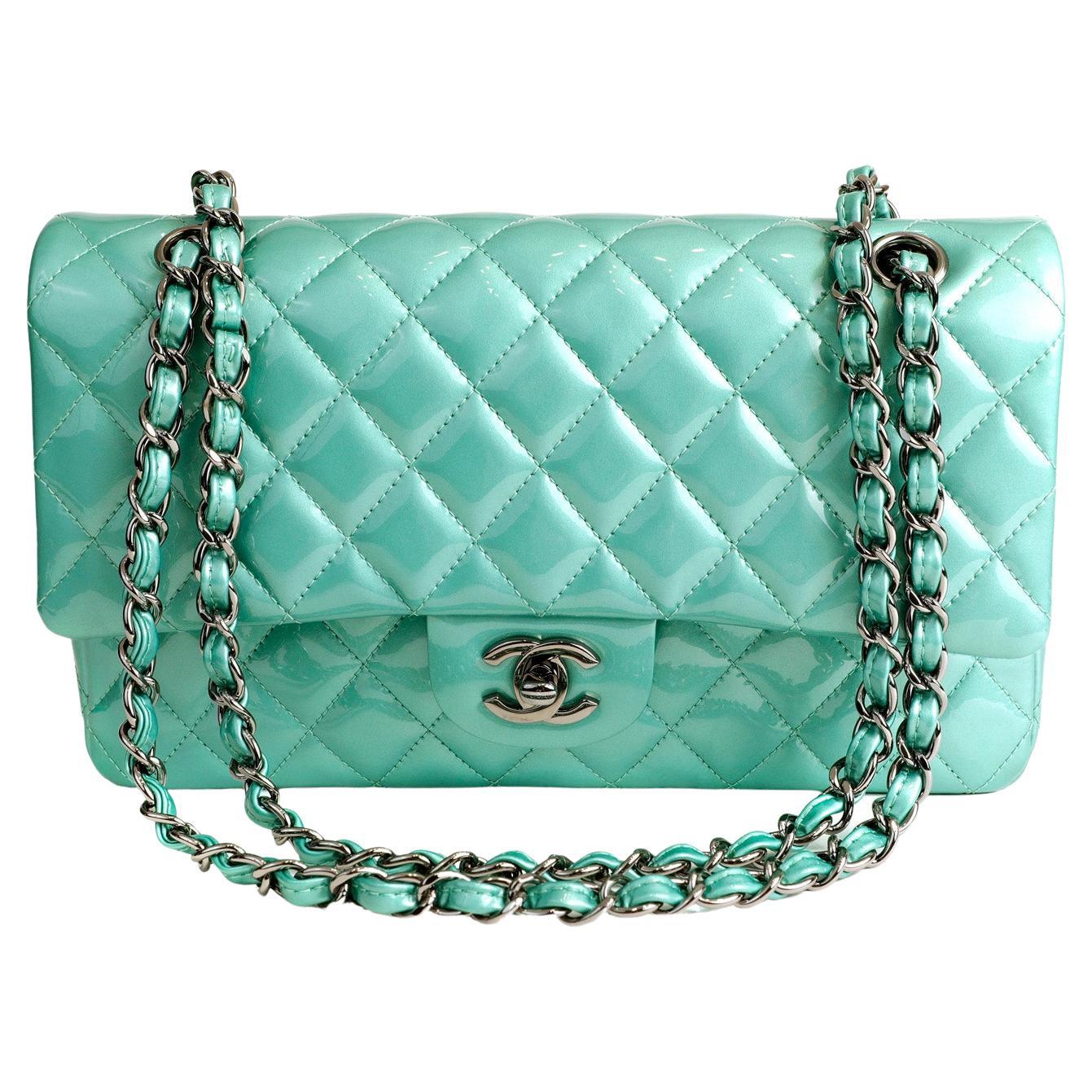 Chanel Metallic Green Patent Leather Medium Classic Flap Bag