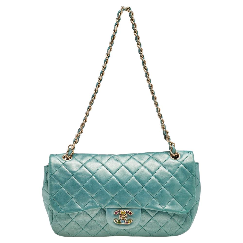 Chanel Metallic Green Quilted Leather Crystal CC Single Flap