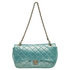 Chanel Metallic Green Quilted Leather Crystal CC Single Flap Shoulder Bag