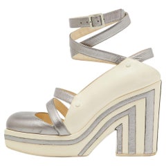 Chanel Metallic Grey and Cream Leather Ankle Wrap Square Toe Platform Pumps Size