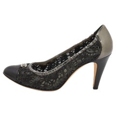 Chanel Metallic Grey/Black Leather Laser Cut Suede Embellished Pumps Size 38.5