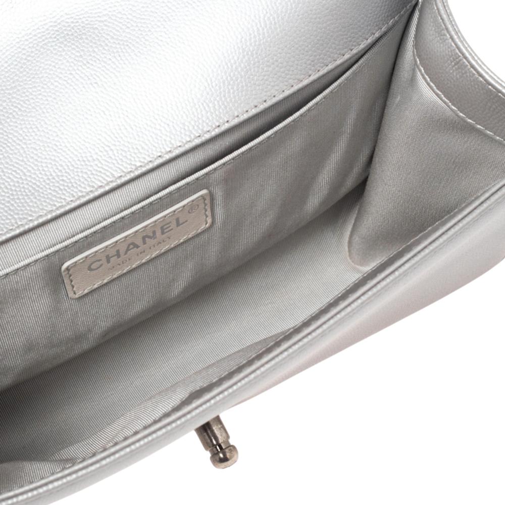 Chanel Metallic Grey Chevron Leather Medium Boy Flap Bag 5