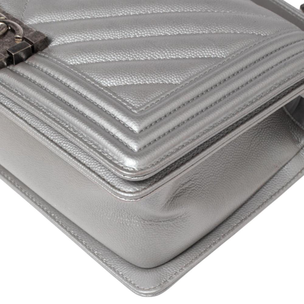 Chanel Metallic Grey Chevron Leather Medium Boy Flap Bag 7
