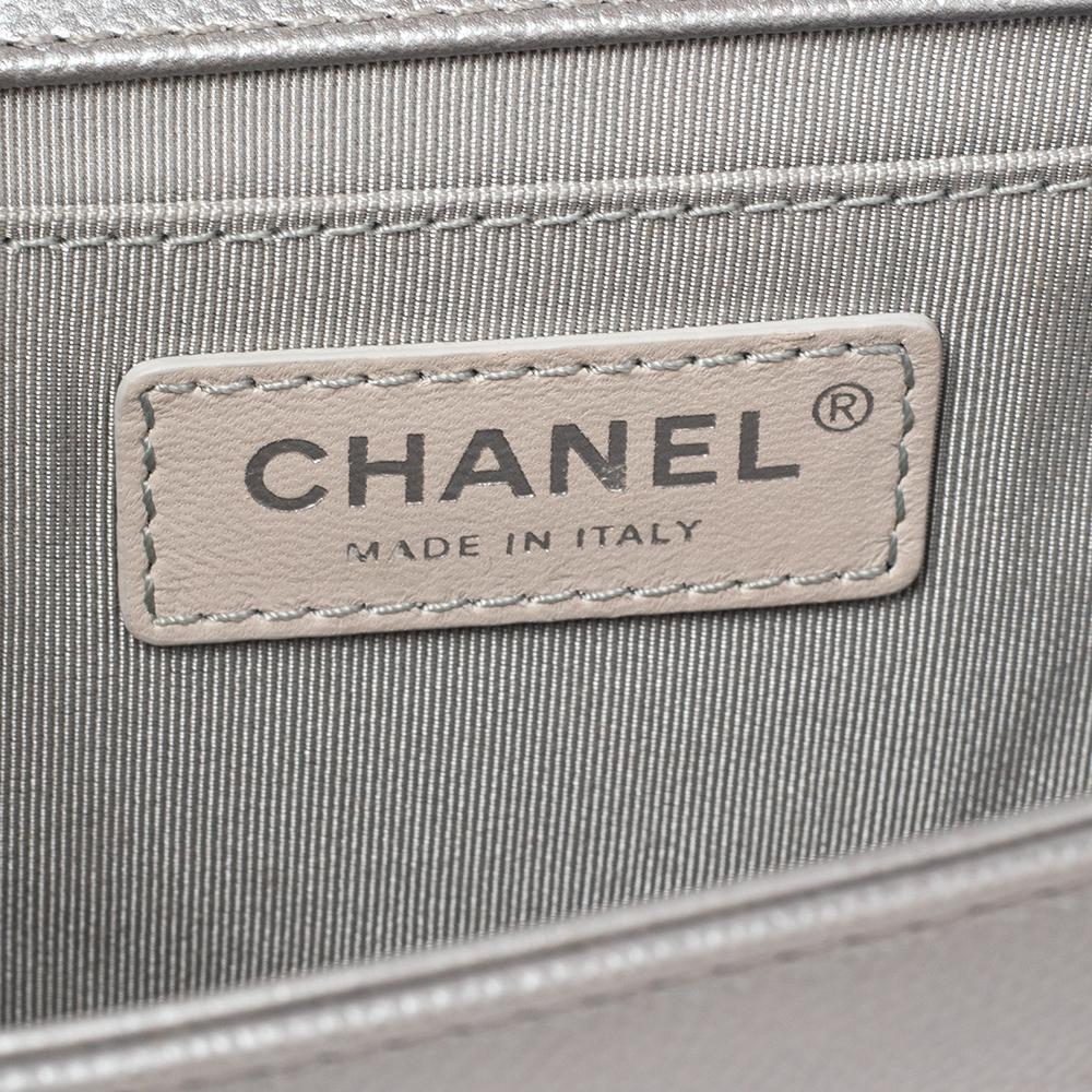 Chanel Metallic Grey Chevron Leather Medium Boy Flap Bag 9