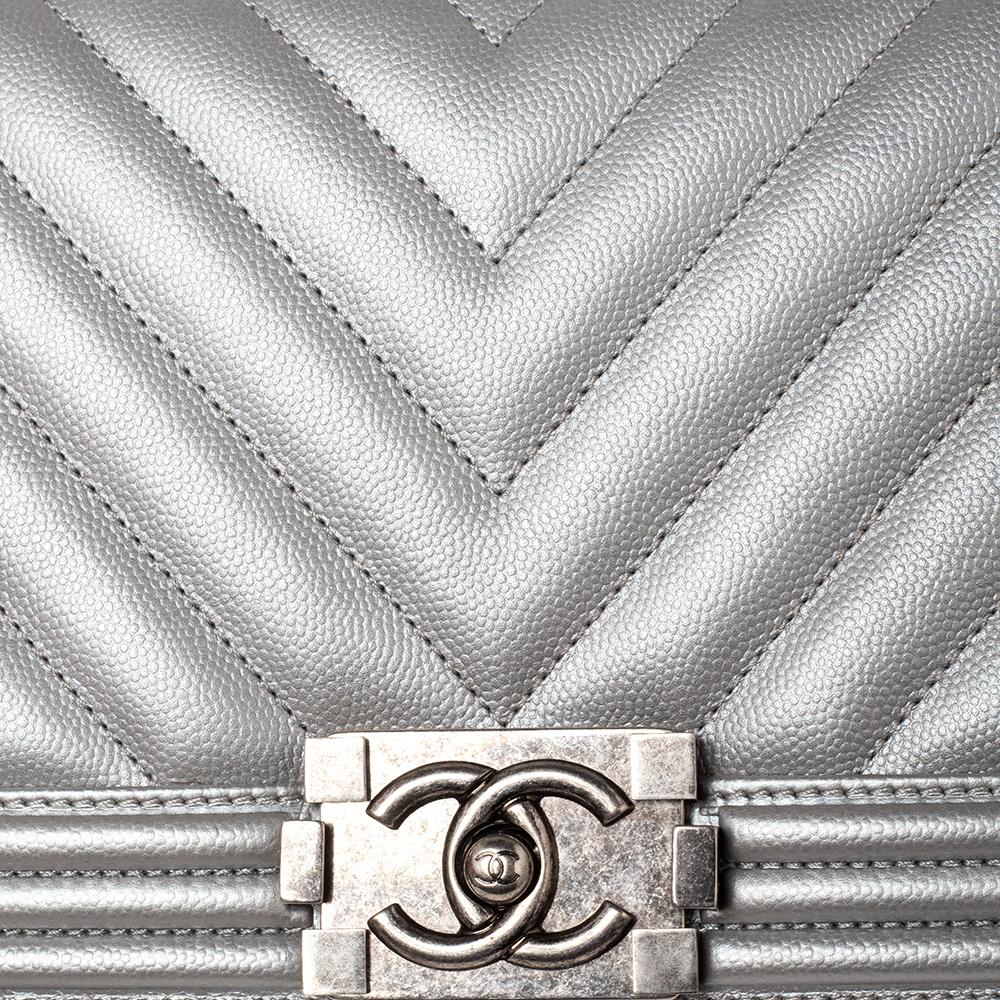 Chanel Metallic Grey Chevron Leather Medium Boy Flap Bag 3