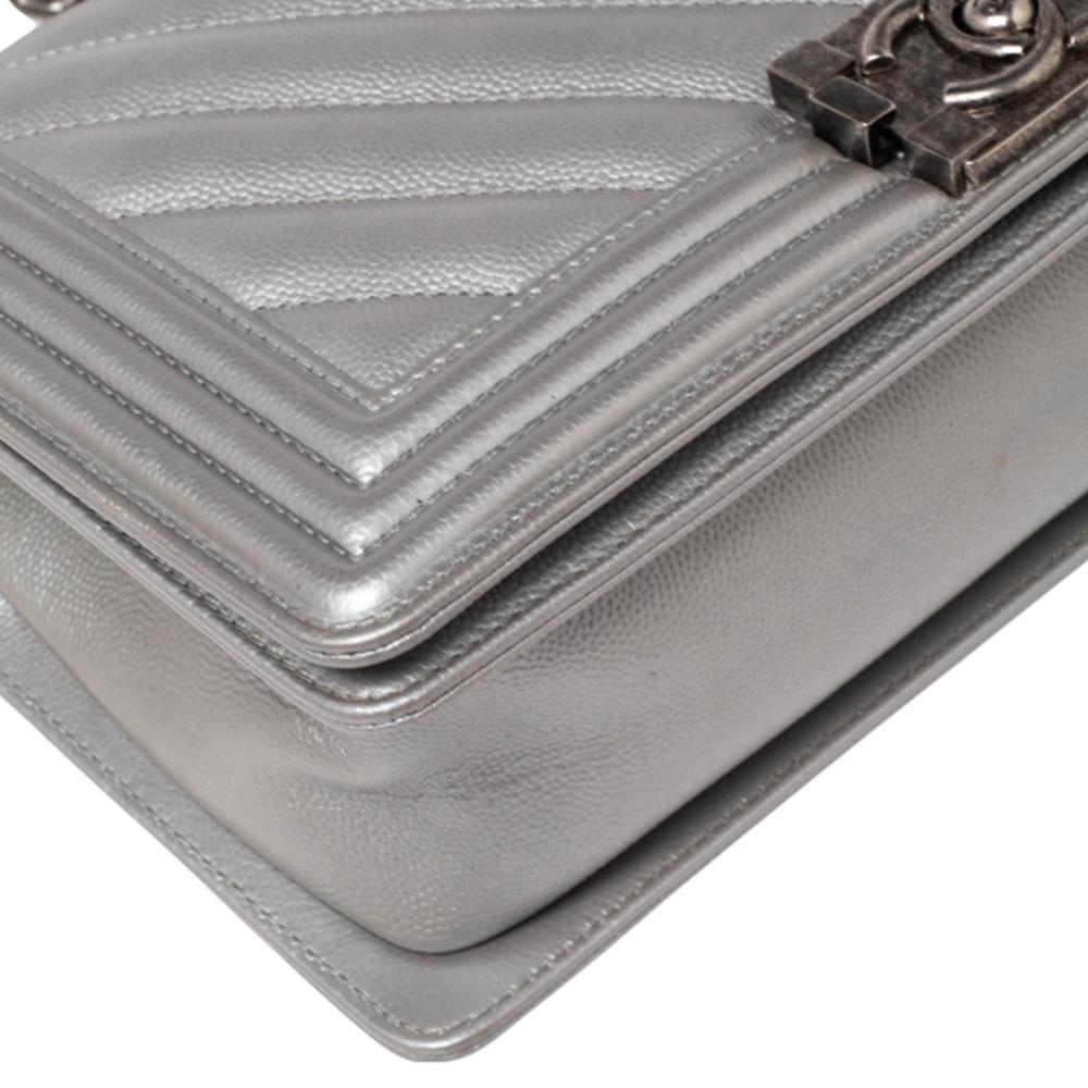 Chanel Metallic Grey Chevron Leather Medium Boy Flap Bag 4