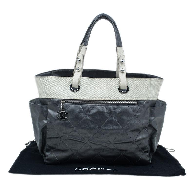 Chanel Metallic Grey Coated Canvas Large Quilted Paris Biarritz Tote 7