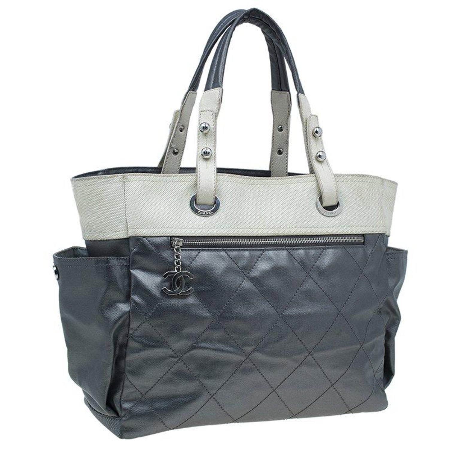 Chanel Metallic Grey Coated Canvas Large Quilted Paris Biarritz Tote For  Sale at 1stDibs