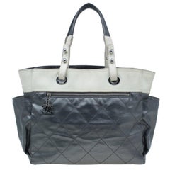Chanel Metallic Grey Coated Canvas Large Quilted Paris Biarritz Tote