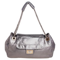 Chanel Metallic Grey Drill Perforated Leather Large Classic Flap Accordion Bag