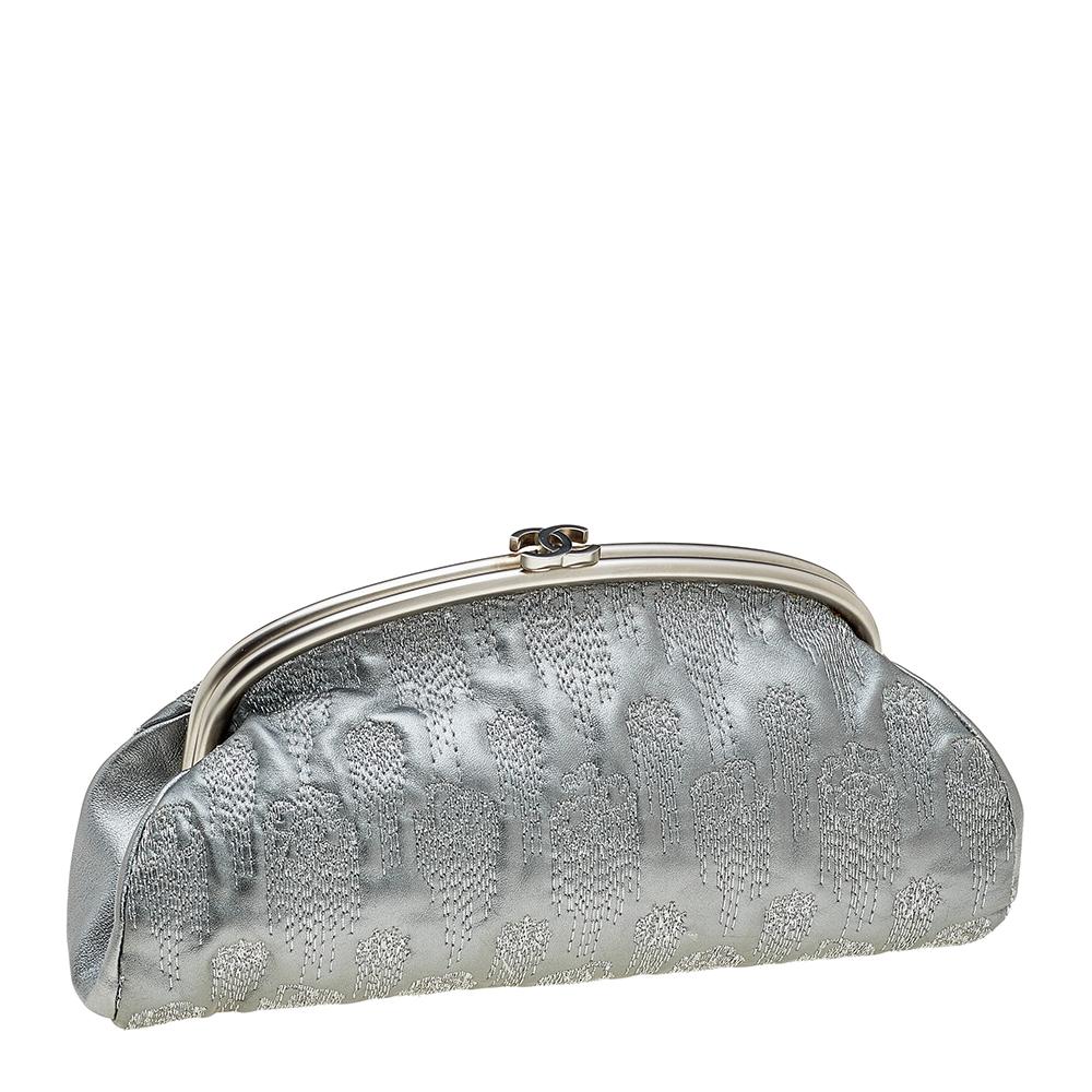 Chanel Metallic Grey Embroidered Leather Frame Clutch 4