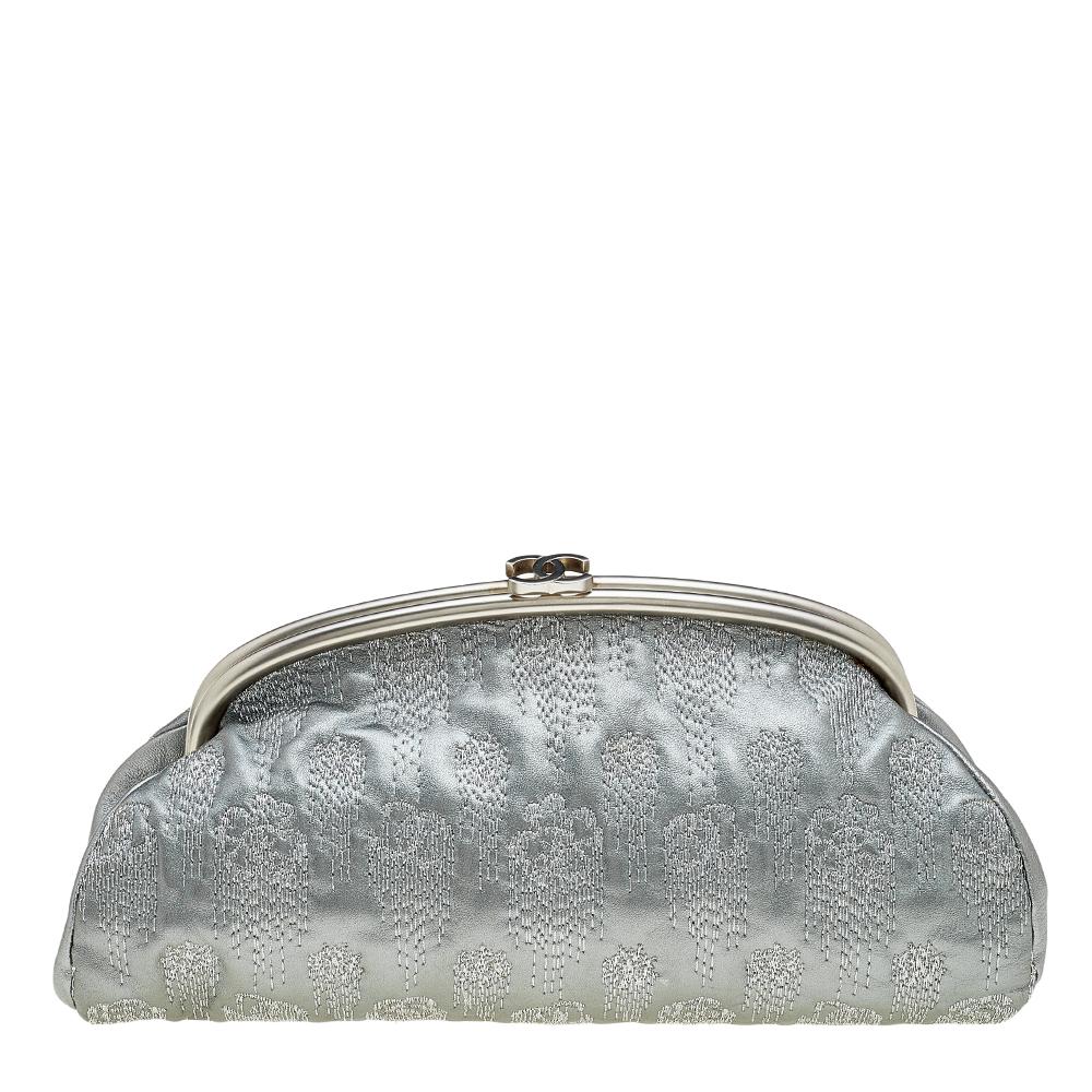 Chanel Metallic Grey Embroidered Leather Frame Clutch 1