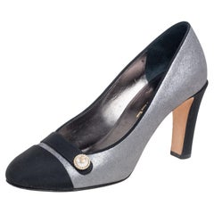 Chanel Metallic Grey Leather And Canvas Cap Toe Pearl Logo Pumps Size 37.5