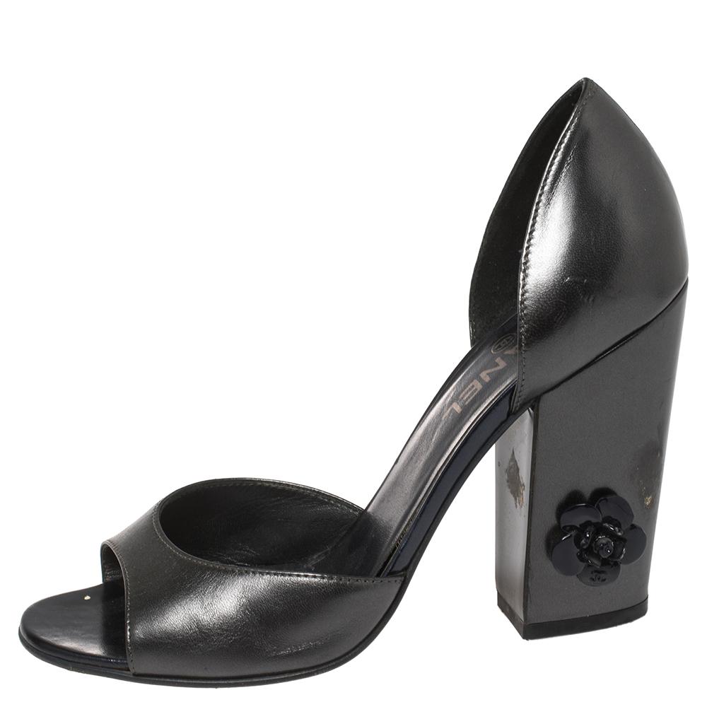 Women's Chanel Metallic Grey Leather Camellia Block Heel D'Orsay Open Toe Pump Size 38.5