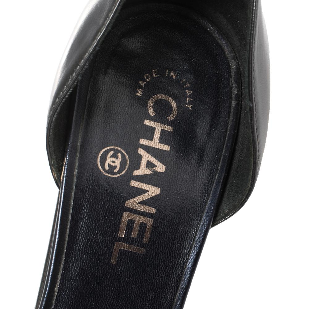 Chanel Metallic Grey Leather Camellia Block Heel D'Orsay Open Toe Pump Size 38.5 1