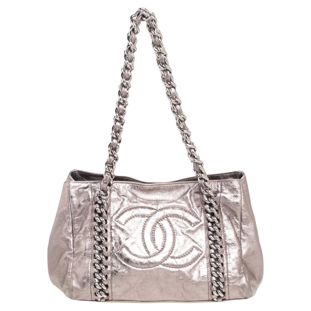 Chanel Metallic Silver CC Chain Tote Bag at 1stDibs