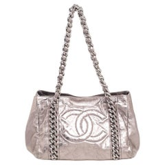 Chanel Metallic Grey Leather Modern Chain East/West Tote Bag