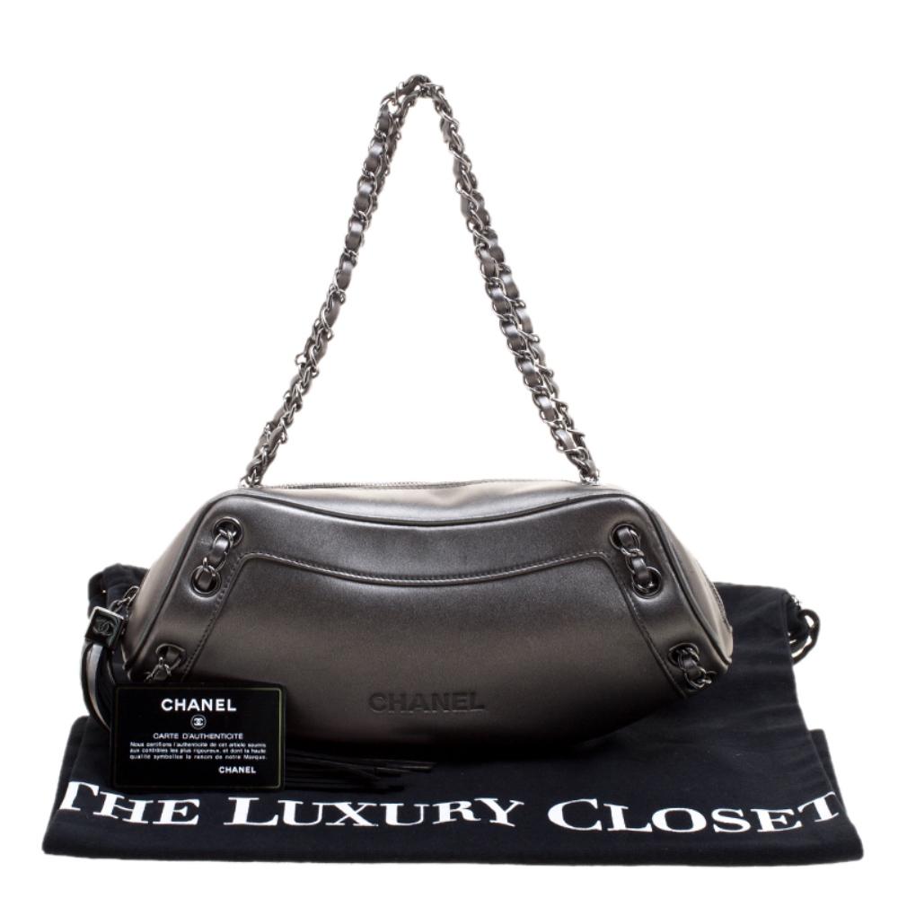 Chanel Metallic Grey Leather Tassel Evening Bag 7