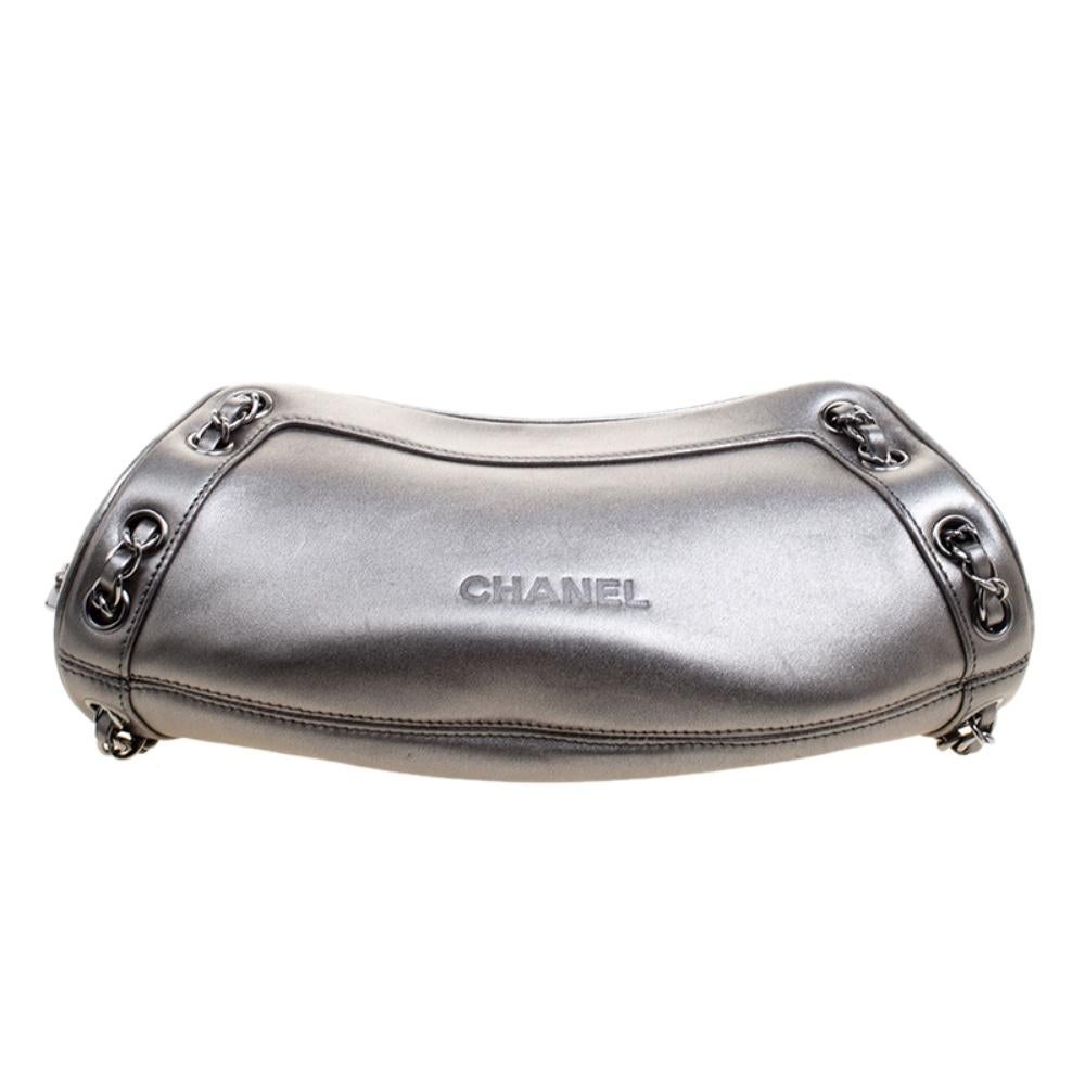 Women's Chanel Metallic Grey Leather Tassel Evening Bag