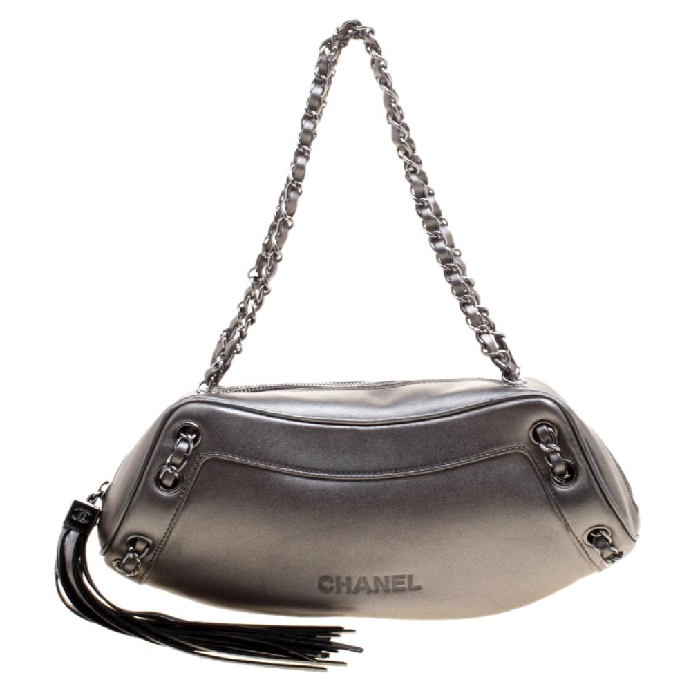 Chanel Metallic Grey Leather Tassel Evening Bag