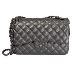 CHANEL metallic grey leather Timeless CLASSIC LARGE Flap Shoulder Bag