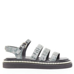 CHANEL metallic grey metallic jacquard pearl embellished dad sandals EU38