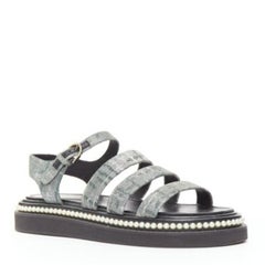 CHANEL metallic grey metallic jacquard pearl embellished dad sandals EU38
