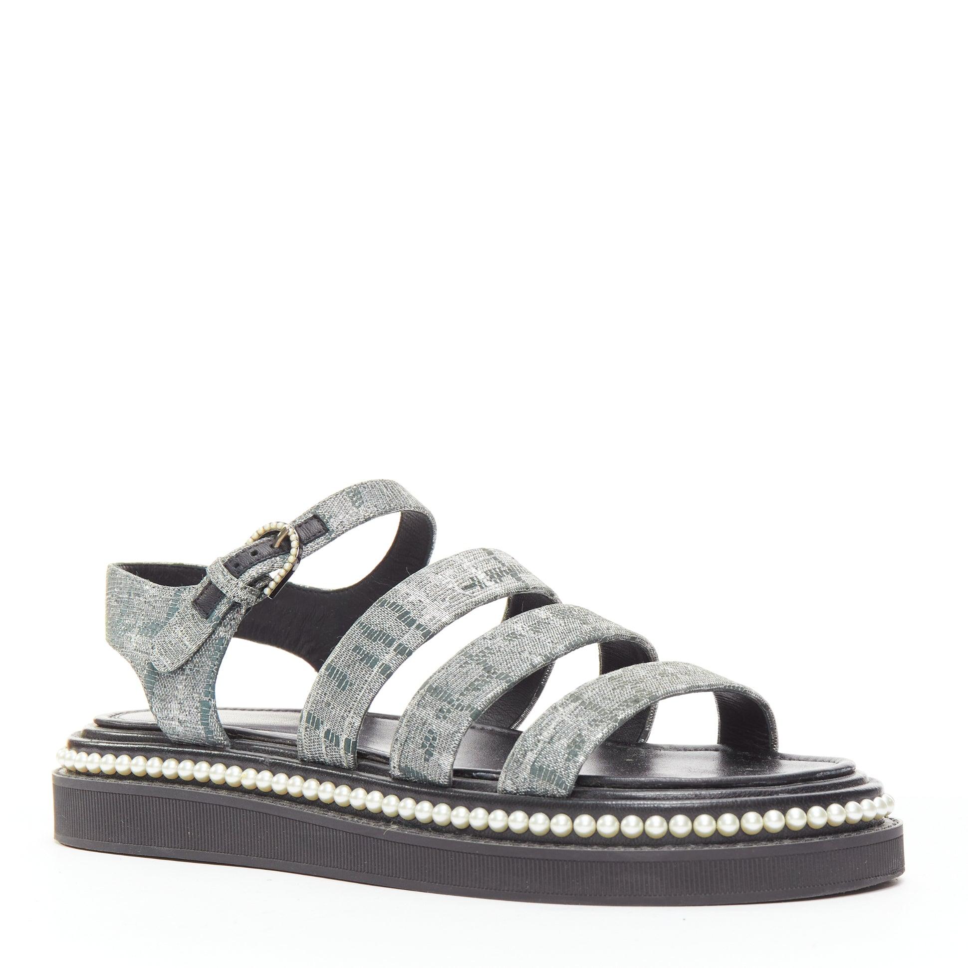 CHANEL metallic grey metallic jacquard pearl embellished dad sandals EU38 In Excellent Condition For Sale In Hong Kong, NT