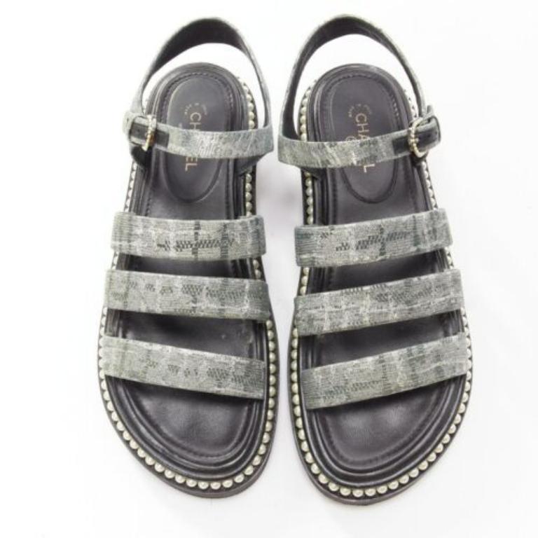 Gray CHANEL metallic grey metallic jacquard pearl embellished dad sandals EU38 For Sale