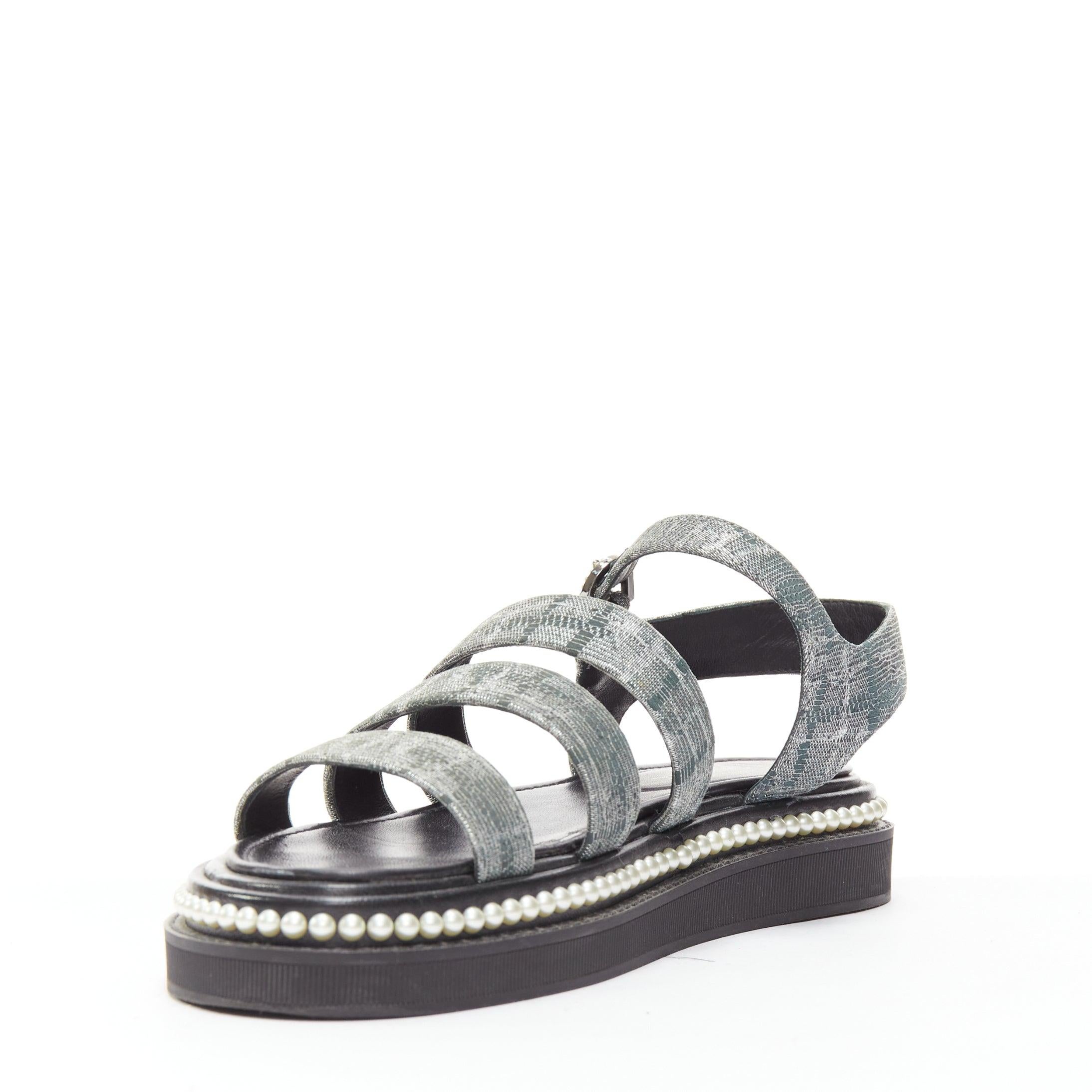 CHANEL metallic grey metallic jacquard pearl embellished dad sandals EU38 In Excellent Condition In Hong Kong, NT