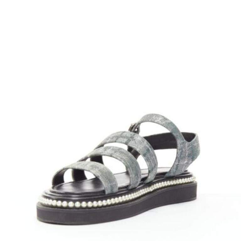 CHANEL metallic grey metallic jacquard pearl embellished dad sandals EU38 In Excellent Condition For Sale In Hong Kong, NT