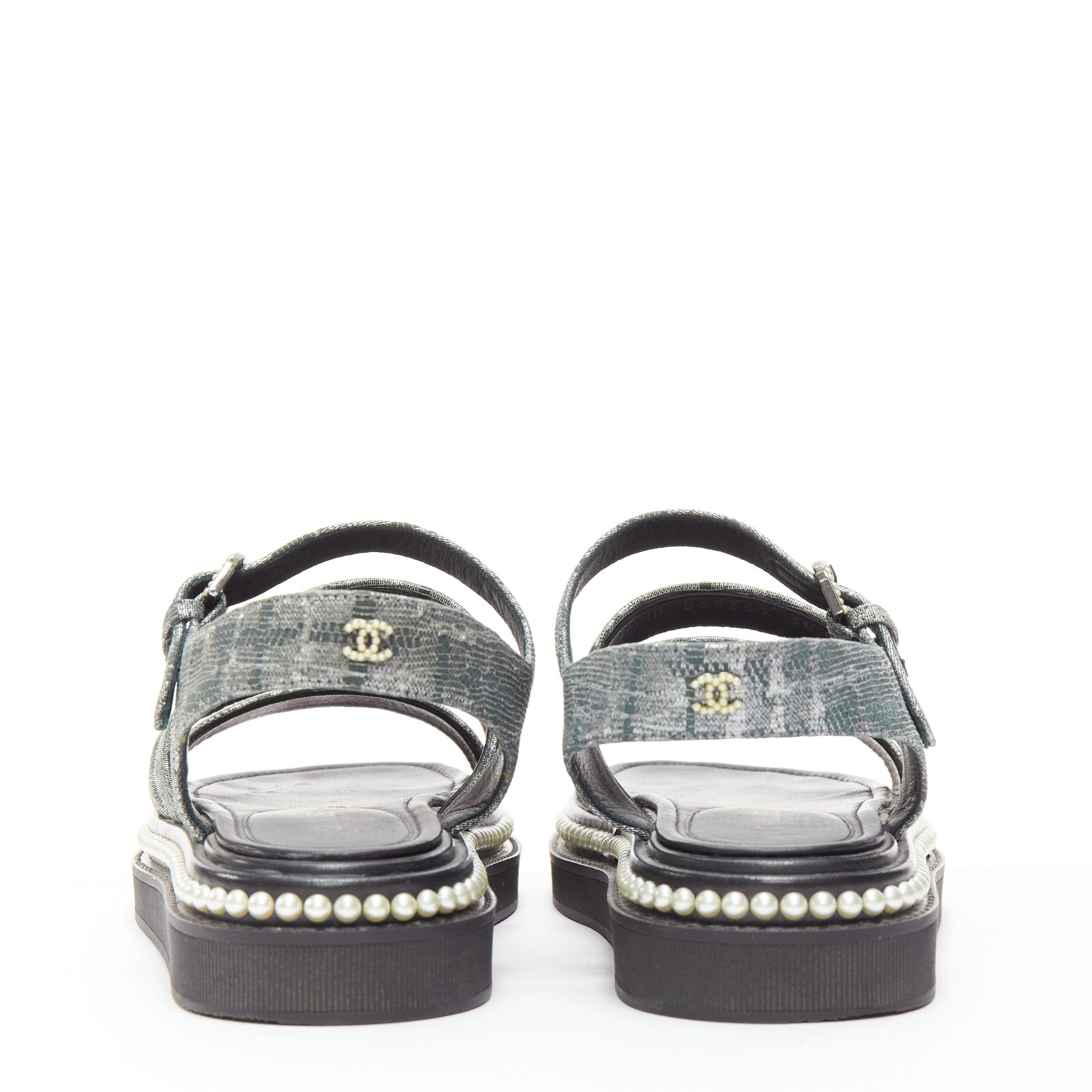 CHANEL metallic grey metallic jacquard pearl embellished dad sandals EU38 For Sale 1