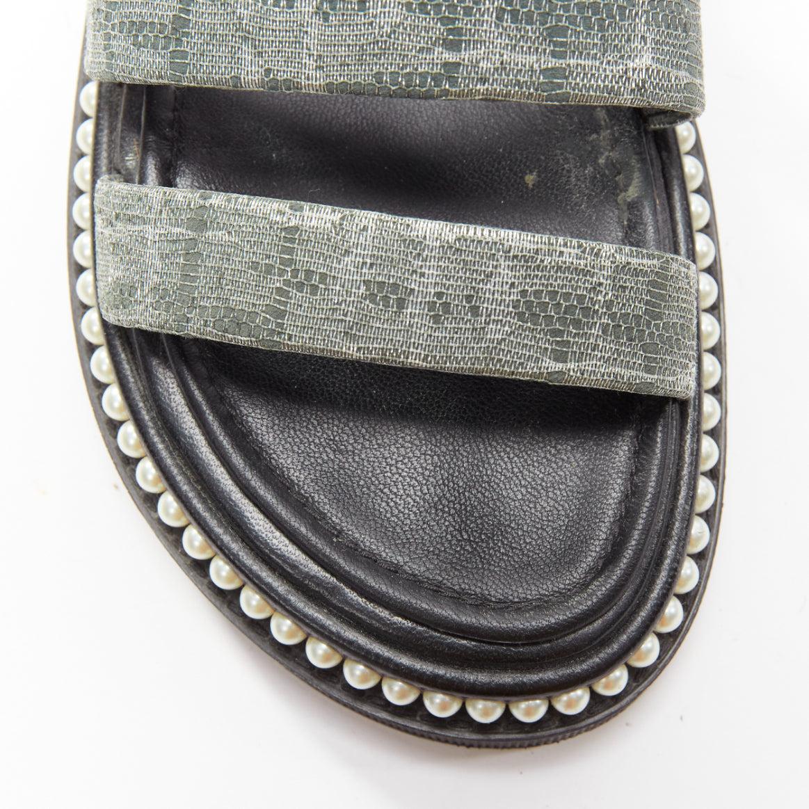 CHANEL metallic grey metallic jacquard pearl embellished dad sandals EU38 For Sale 2