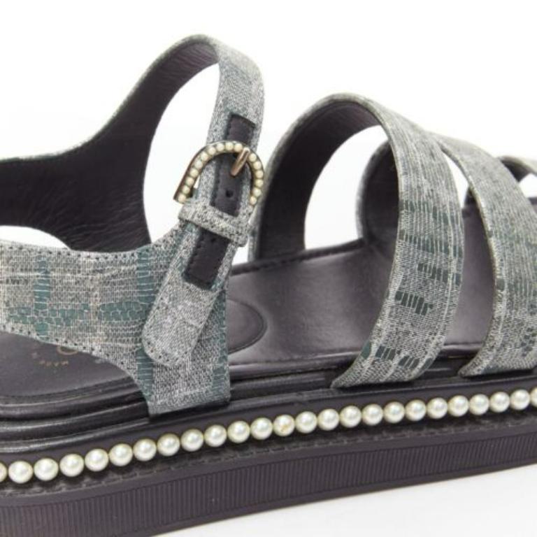 CHANEL metallic grey metallic jacquard pearl embellished dad sandals EU38 For Sale 2