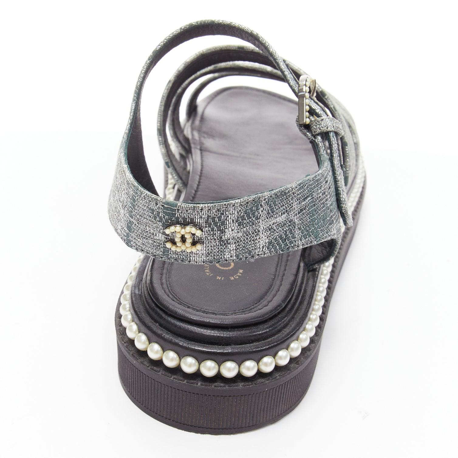 CHANEL metallic grey metallic jacquard pearl embellished dad sandals EU38 For Sale 4