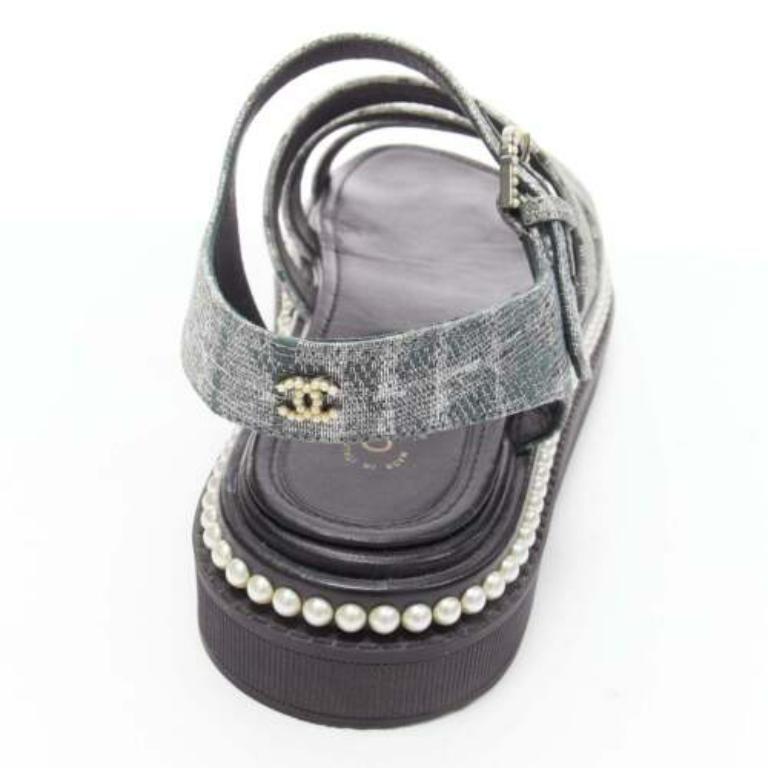 CHANEL metallic grey metallic jacquard pearl embellished dad sandals EU38 For Sale 3