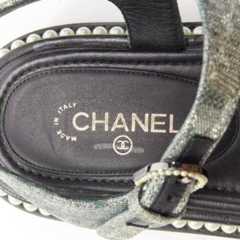 CHANEL metallic grey metallic jacquard pearl embellished dad sandals EU38 For Sale 4